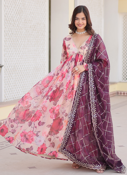 Digital Printed Silk Off White Anarkali Gown With Dupatta