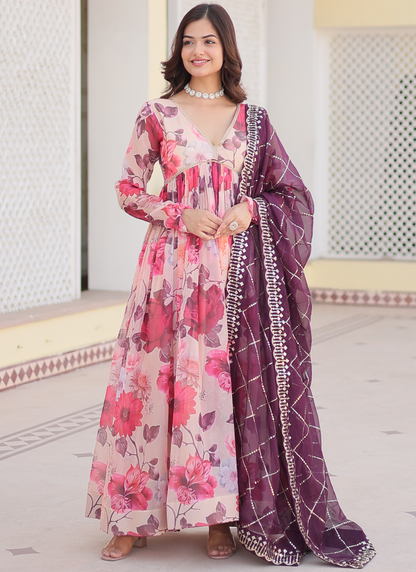 Digital Printed Silk Off White Anarkali Gown With Dupatta