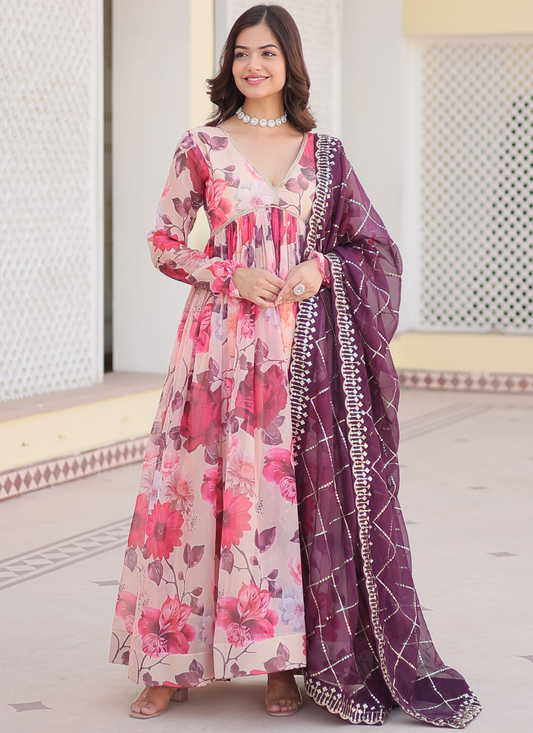 Digital Printed Silk Off White Anarkali Gown With Dupatta