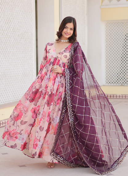 Digital Printed Silk Off White Anarkali Gown With Dupatta