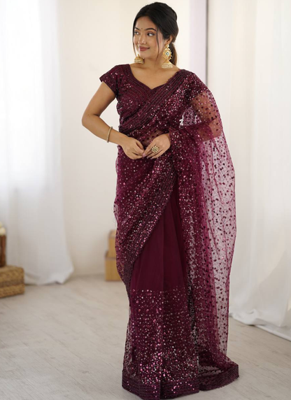 Sequence Work Net Reception Wear Wine Saree With Blouse