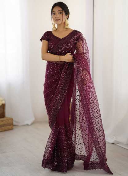 Sequence Work Net Reception Wear Wine Saree With Blouse