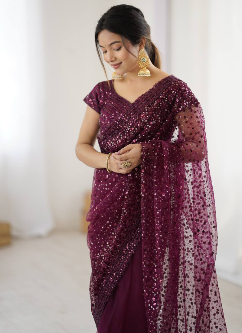 Sequence Work Net Reception Wear Wine Saree With Blouse