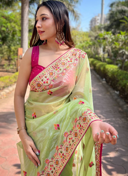 Multi Thread Work Pista Green Net Saree With Pink Blouse