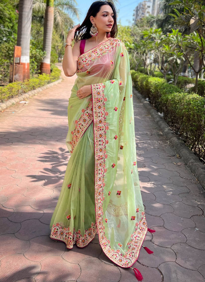 Multi Thread Work Pista Green Net Saree With Pink Blouse
