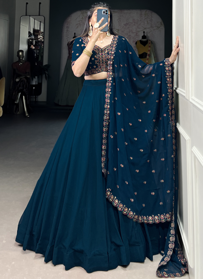 Navy Blue Georgette Lehenga With Thread Embroidered Blouse