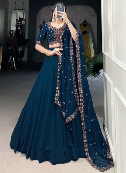 Navy Blue Georgette Lehenga With Thread Embroidered Blouse