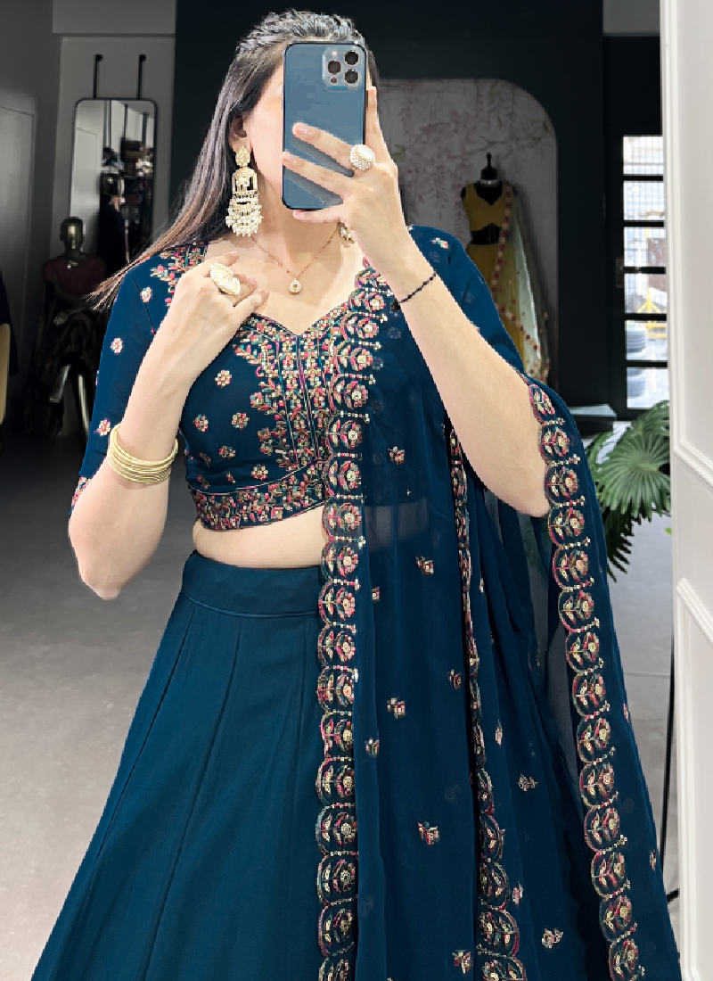 Navy Blue Georgette Lehenga With Thread Embroidered Blouse