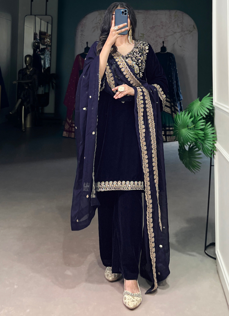 Navy Blue Sequence Embroidery Velvet Kurta Pant Dupatta
