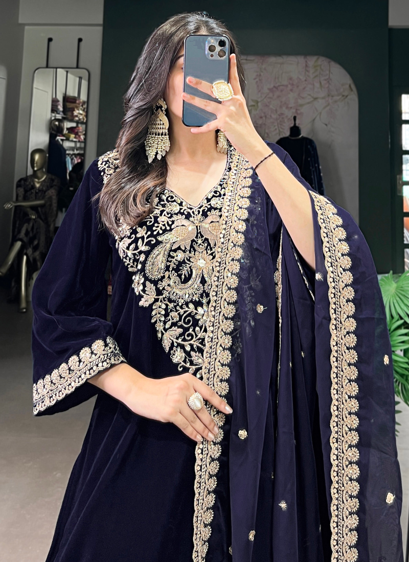 Navy Blue Sequence Embroidery Velvet Kurta Pant Dupatta