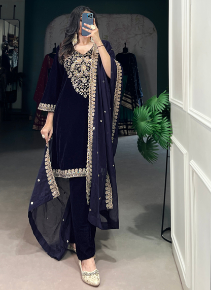 Navy Blue Sequence Embroidery Velvet Kurta Pant Dupatta