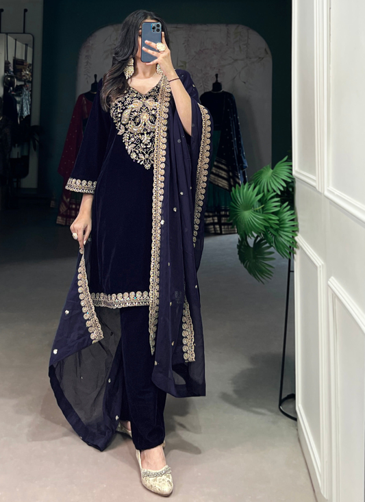 Navy Blue Sequence Embroidery Velvet Kurta Pant Dupatta