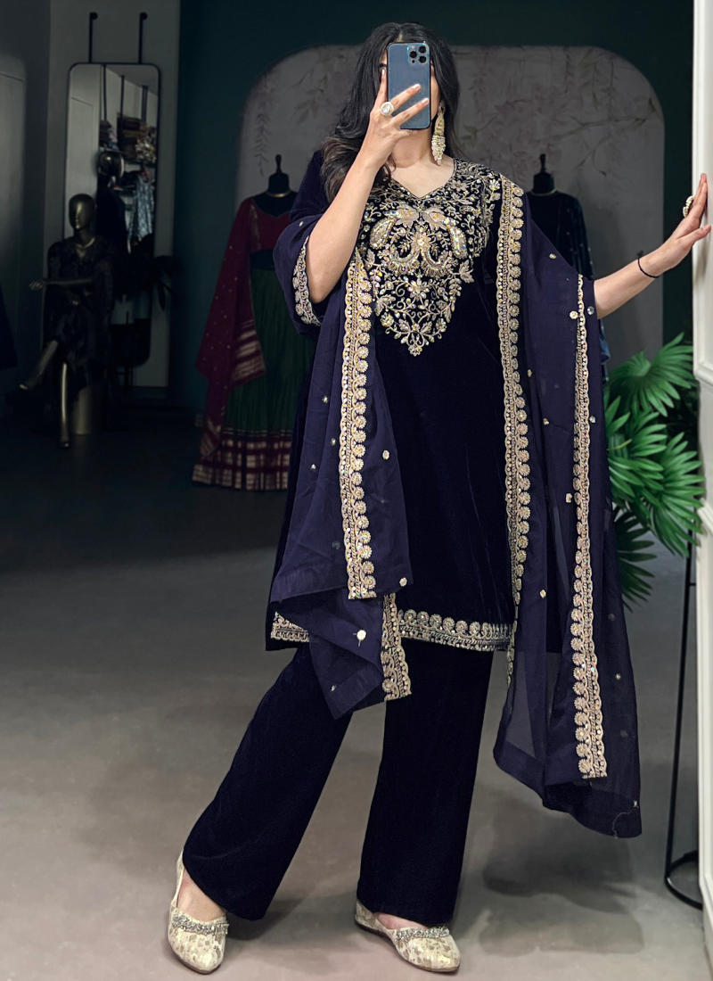 Navy Blue Sequence Embroidery Velvet Kurta Pant Dupatta