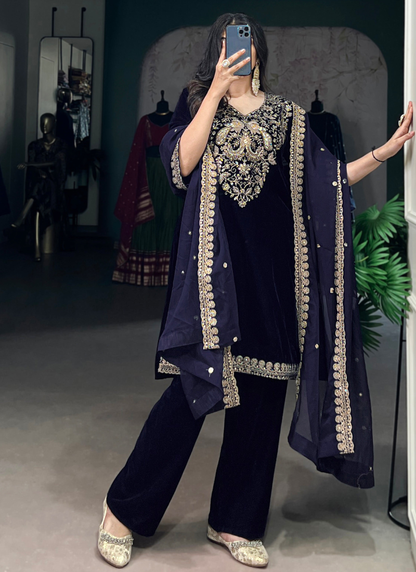 Navy Blue Sequence Embroidery Velvet Kurta Pant Dupatta