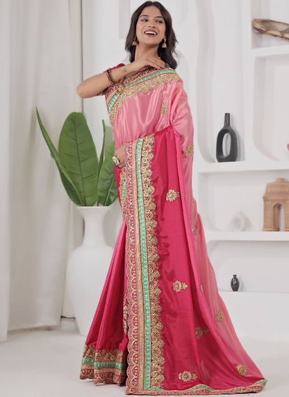 Embroidered Work Silk Red And Peach Shaded Saree With Blouse