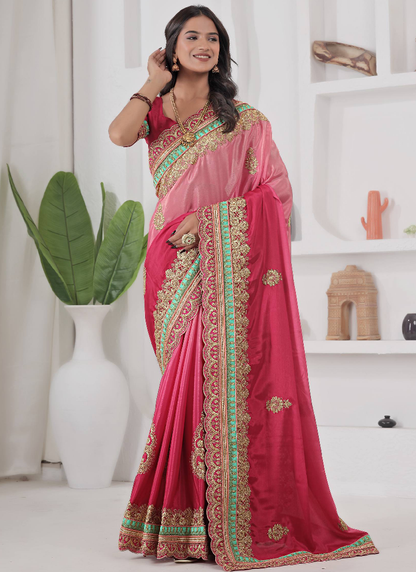 Embroidered Work Silk Red And Peach Shaded Saree With Blouse