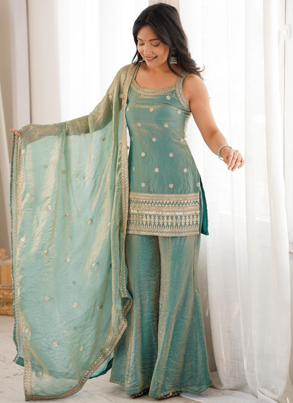 Fully Stitched Sea Green Embroidery Silk Kurta Suit Set
