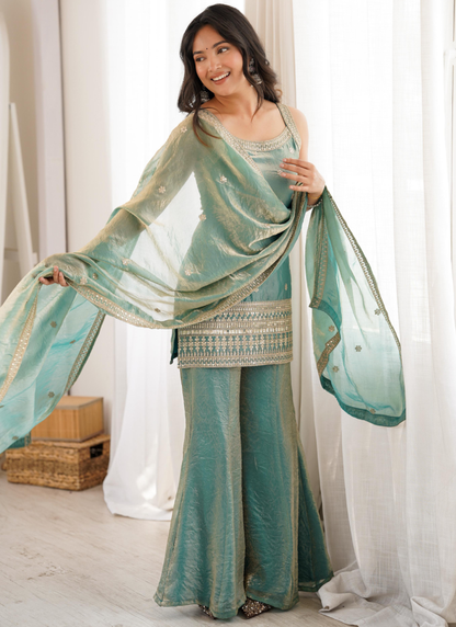 Fully Stitched Sea Green Embroidery Silk Kurta Suit Set