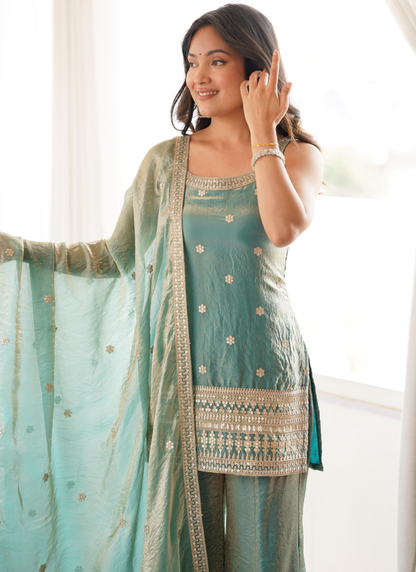 Fully Stitched Sea Green Embroidery Silk Kurta Suit Set
