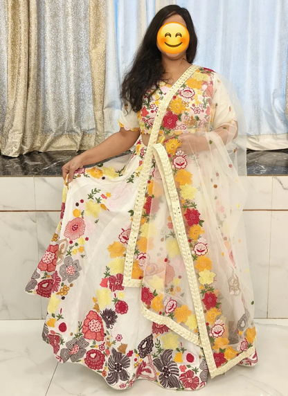 Wedding Wear Multi Thread Sequence Work White Lehenga Choli