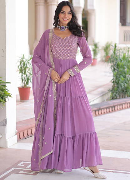 Onion Pink Georgette Embroidered Work Long Gown With Dupatta
