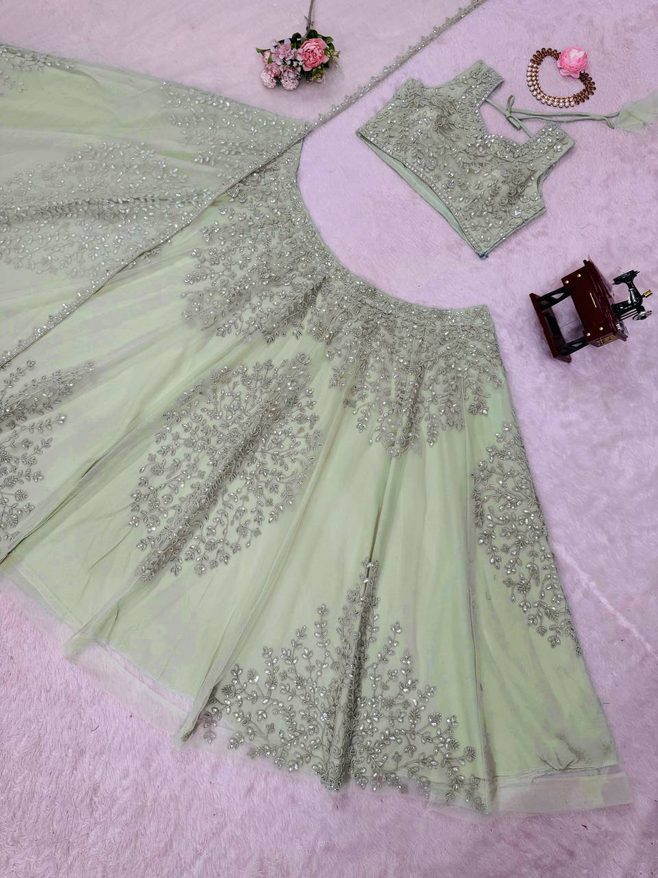 Soft net pista green colour lehenga choli set