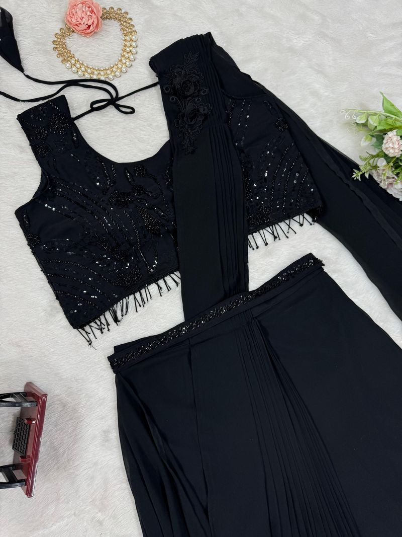 Black foux georgette sequence with Val with thread fancy lace ready to wear dhoti style