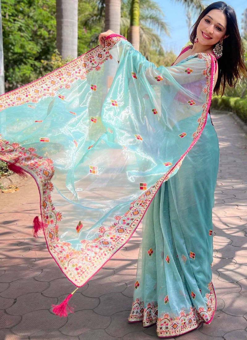 Pink Blouse With Thread Embroidered Sky Blue Net Saree
