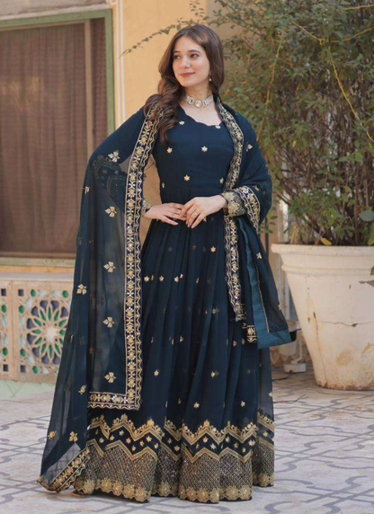 Georgette Sequence Embroidered Blue Heavy Gown With Dupatta