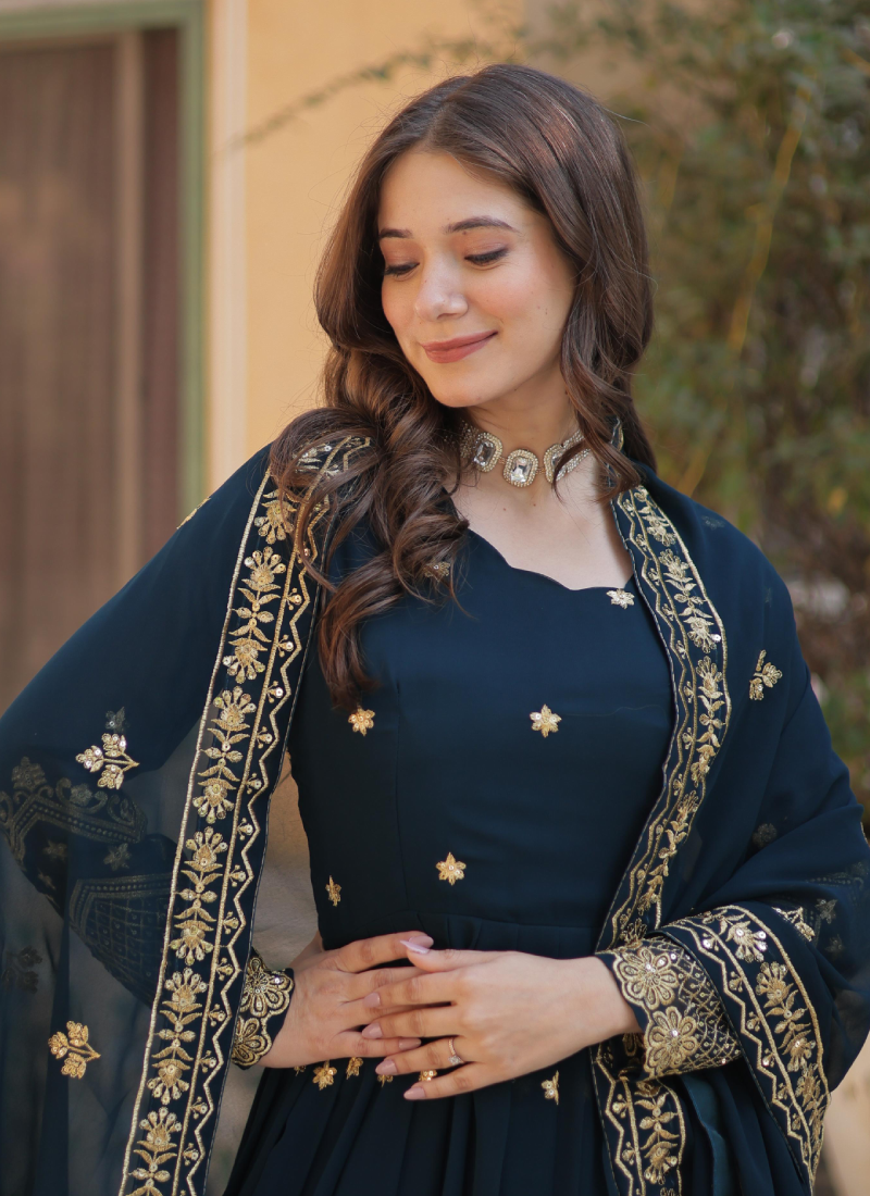 Georgette Sequence Embroidered Blue Heavy Gown With Dupatta