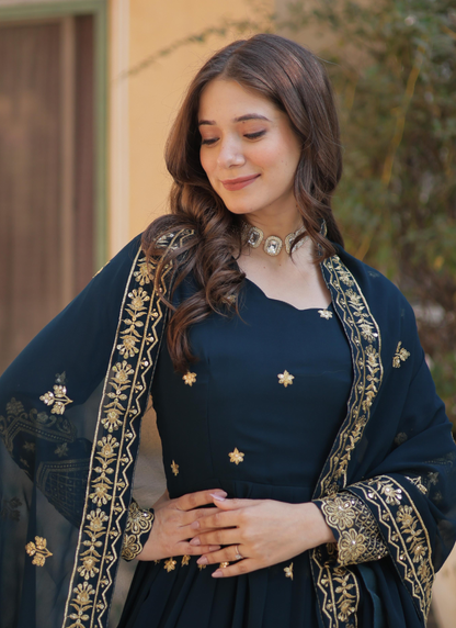 Georgette Sequence Embroidered Blue Heavy Gown With Dupatta