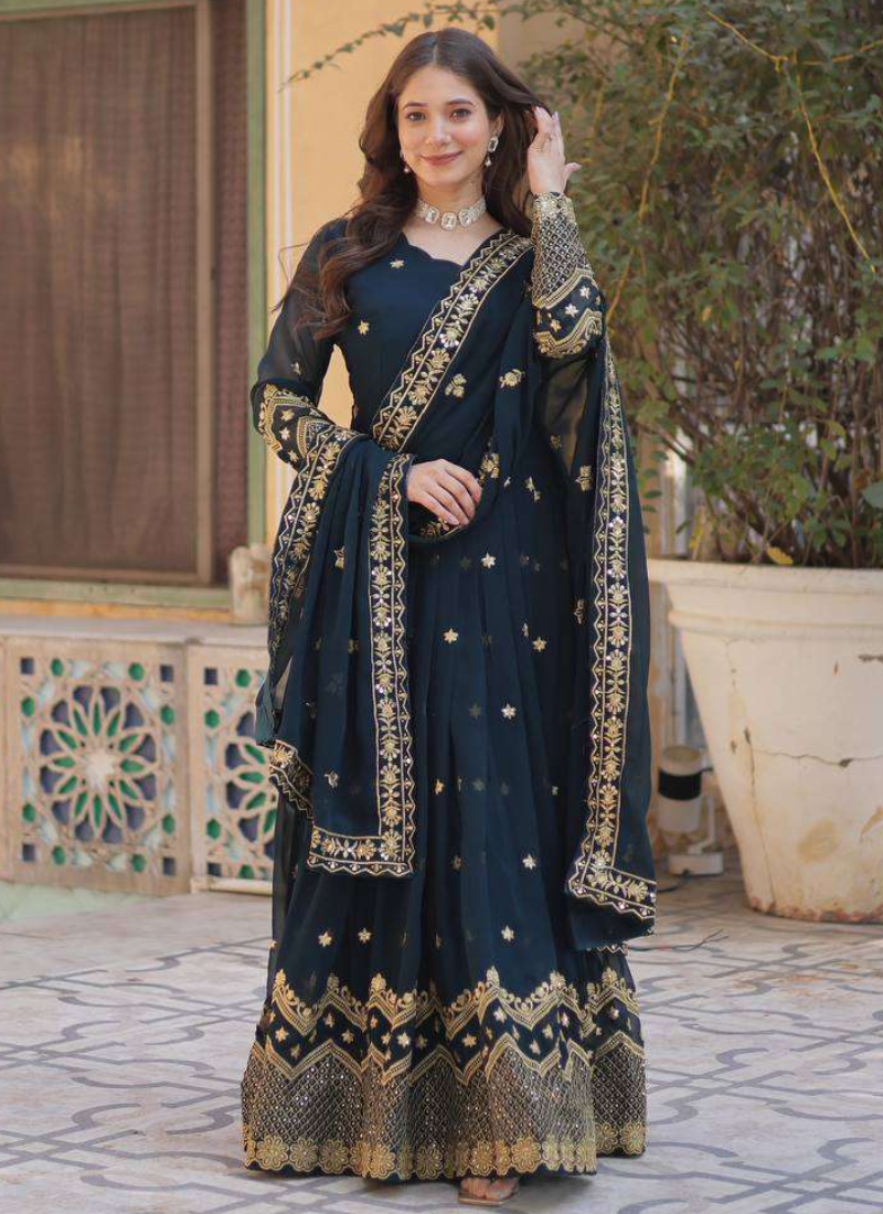 Georgette Sequence Embroidered Blue Heavy Gown With Dupatta
