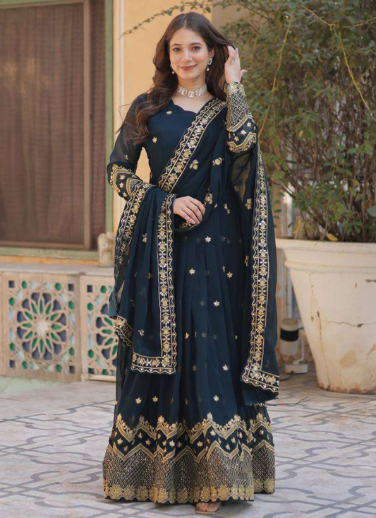 Georgette Sequence Embroidered Blue Heavy Gown With Dupatta