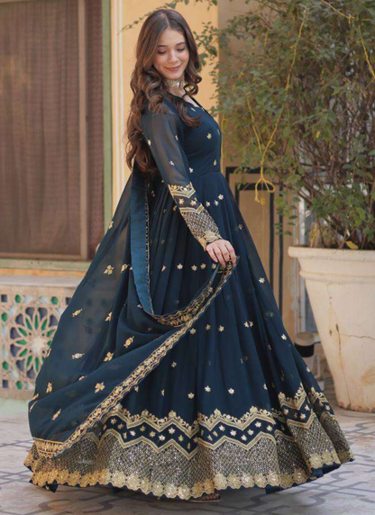 Georgette Sequence Embroidered Blue Heavy Gown With Dupatta