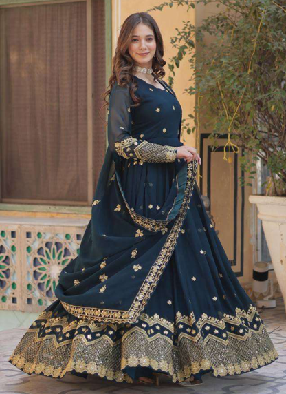 Georgette Sequence Embroidered Blue Heavy Gown With Dupatta