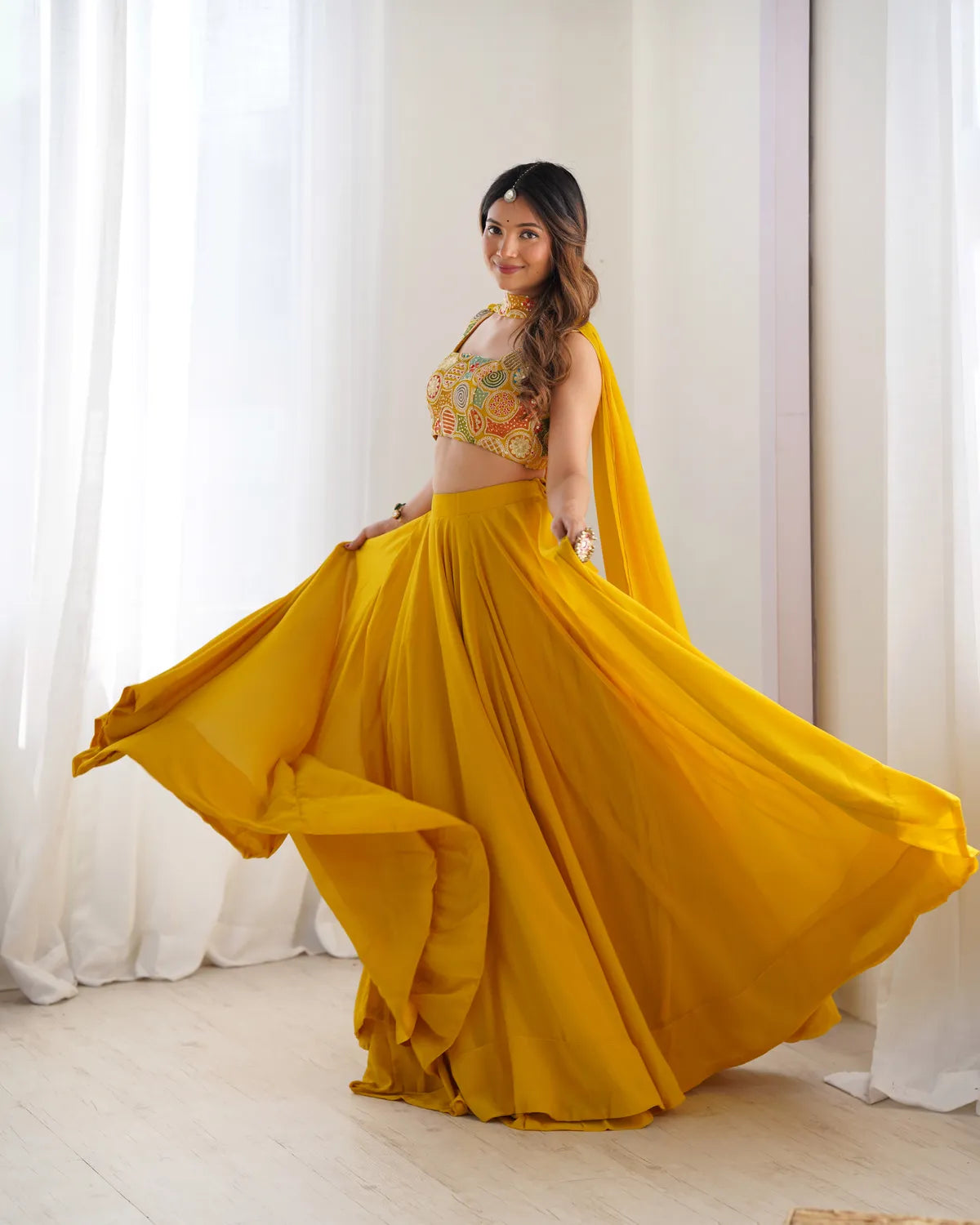 Pure Soft Fox Georgette Yellow Most Trendy Padding Fabric Fully Flair Lehenga with Dupatta