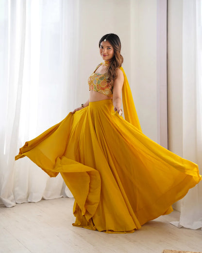 Pure Soft Fox Georgette Yellow Most Trendy Padding Fabric Fully Flair Lehenga with Dupatta