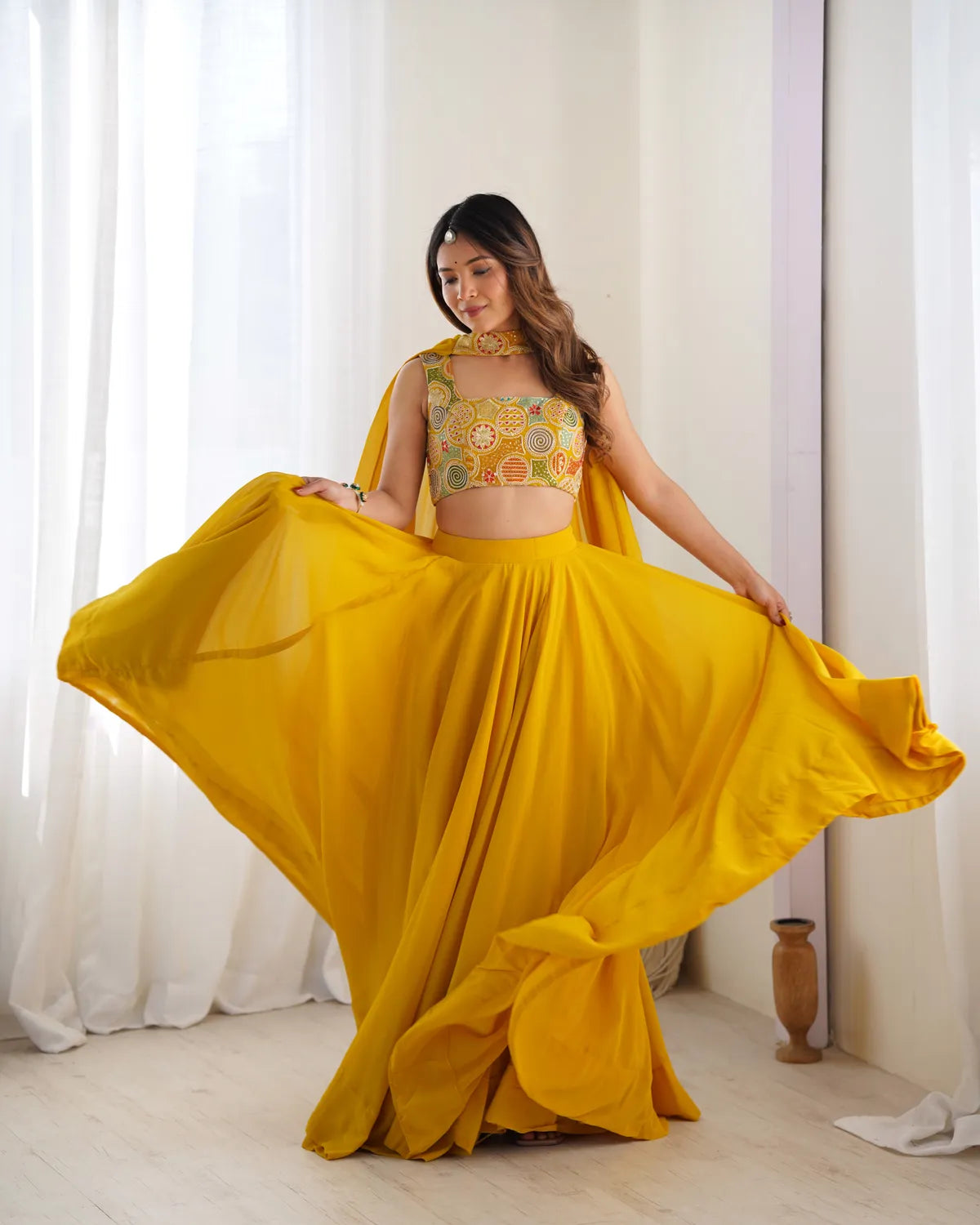 Pure Soft Fox Georgette Yellow Most Trendy Padding Fabric Fully Flair Lehenga with Dupatta