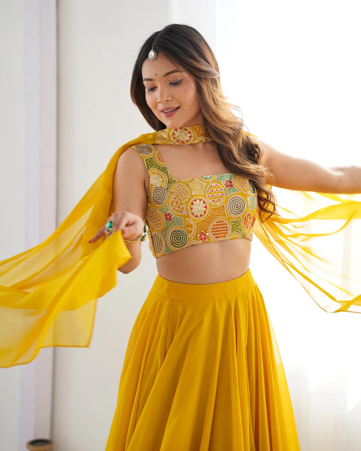 Pure Soft Fox Georgette Yellow Most Trendy Padding Fabric Fully Flair Lehenga with Dupatta