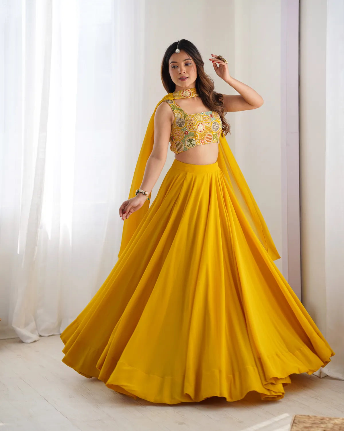 Pure Soft Fox Georgette Yellow Most Trendy Padding Fabric Fully Flair Lehenga with Dupatta