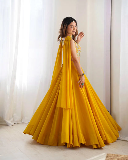 Pure Soft Fox Georgette Yellow Most Trendy Padding Fabric Fully Flair Lehenga with Dupatta