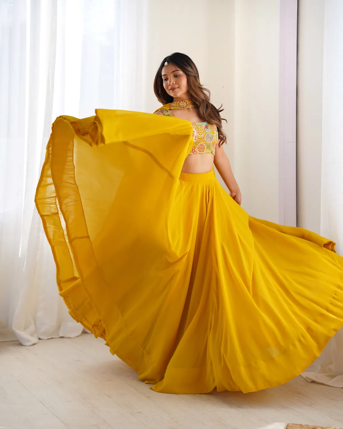 Pure Soft Fox Georgette Yellow Most Trendy Padding Fabric Fully Flair Lehenga with Dupatta