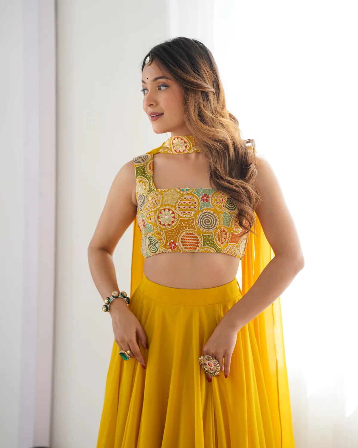 Pure Soft Fox Georgette Yellow Most Trendy Padding Fabric Fully Flair Lehenga with Dupatta