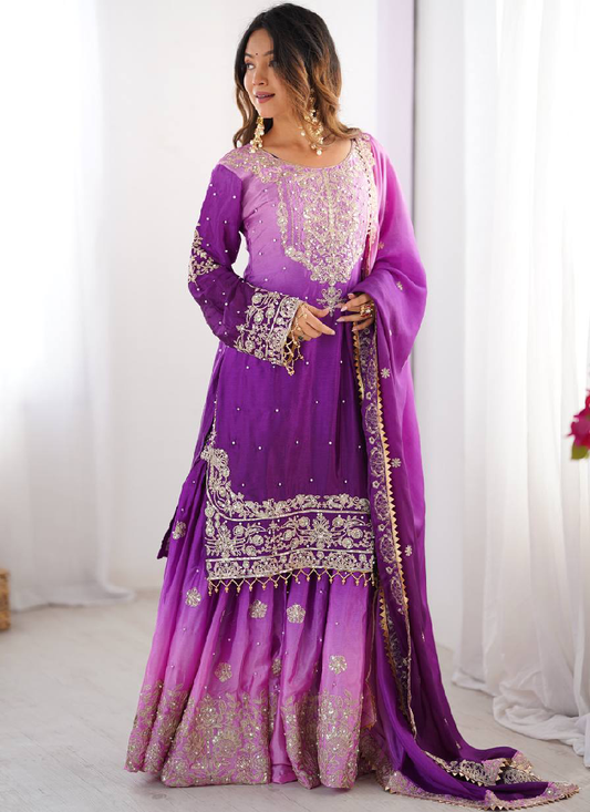 Purple Sequin Embroidered Chinon Silk Salwar Kameez With Dupatta