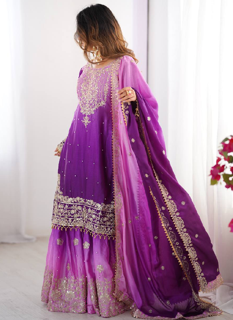 Purple Sequin Embroidered Chinon Silk Salwar Kameez With Dupatta