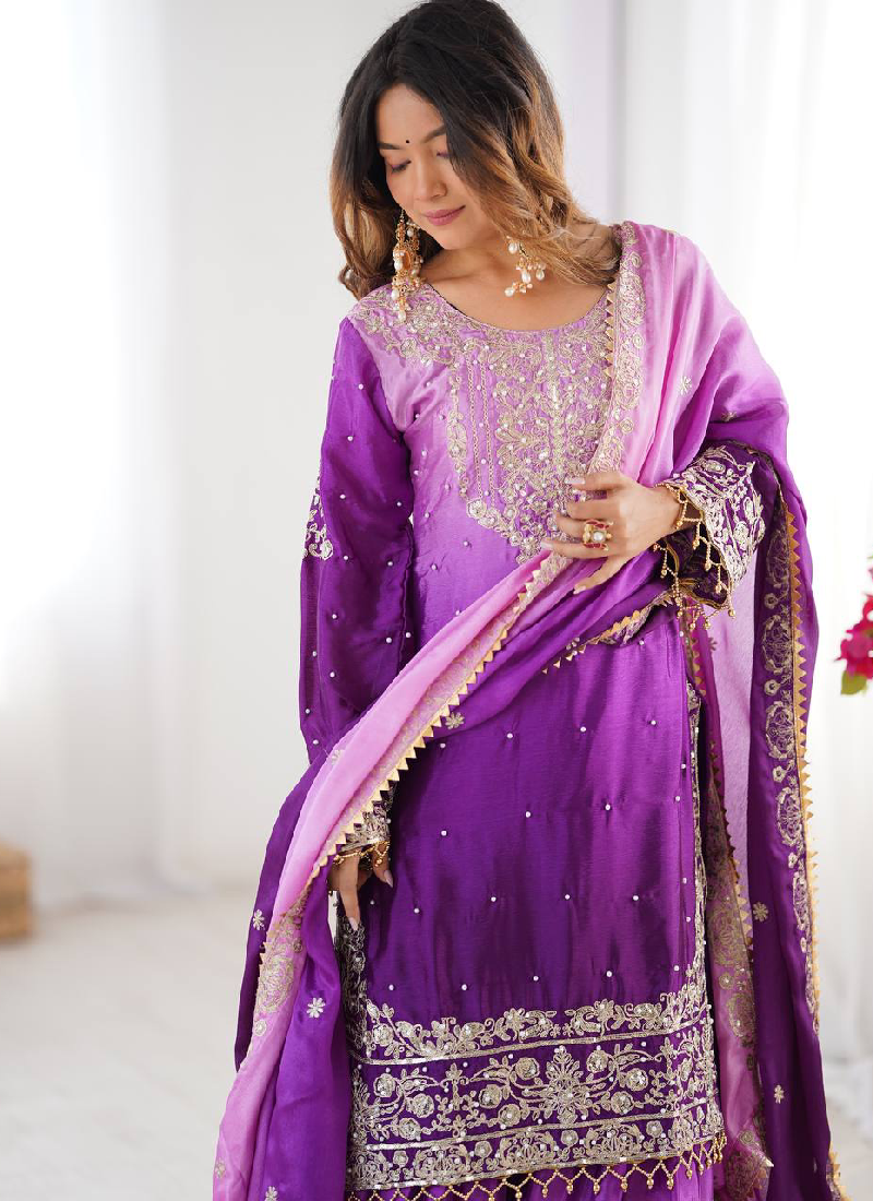 Purple Sequin Embroidered Chinon Silk Salwar Kameez With Dupatta