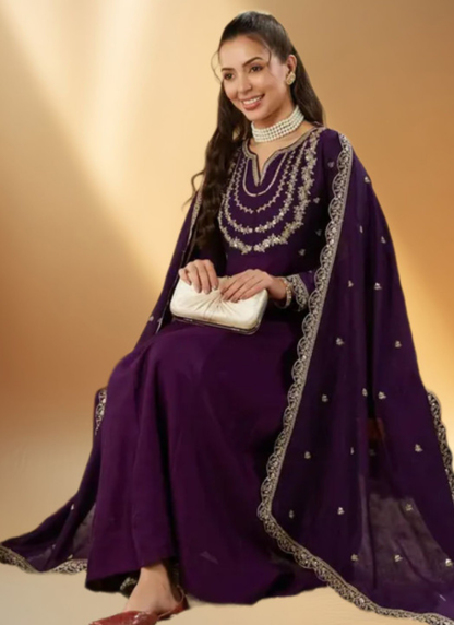 Purple Zari Embroidered Anarkali Trousers With Dupatta