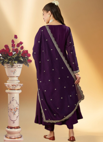 Purple Zari Embroidered Anarkali Trousers With Dupatta