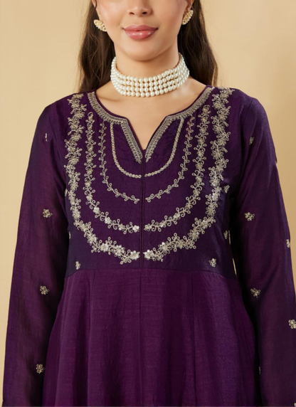 Purple Zari Embroidered Anarkali Trousers With Dupatta