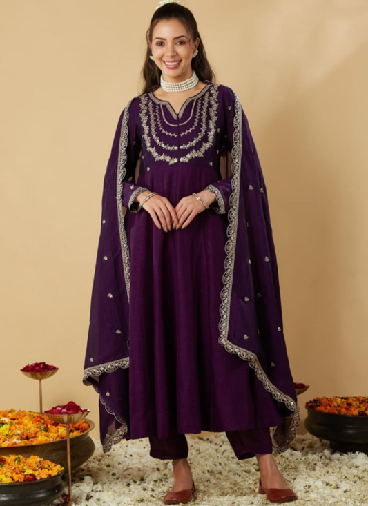 Purple Zari Embroidered Anarkali Trousers With Dupatta
